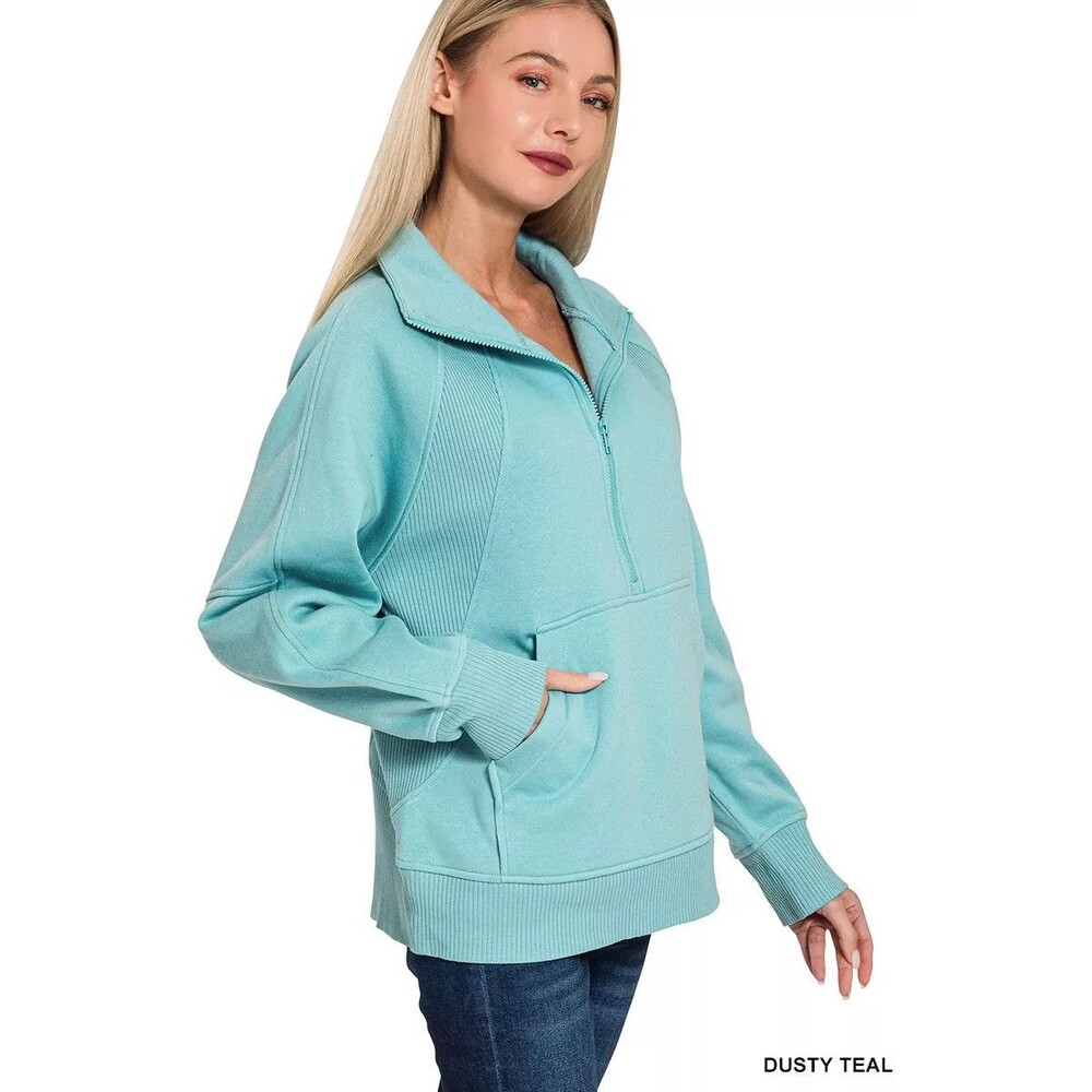 Zenana Half Zip Fleece Sweatshirt with kangaroo Pocket - Picture 3 of 3